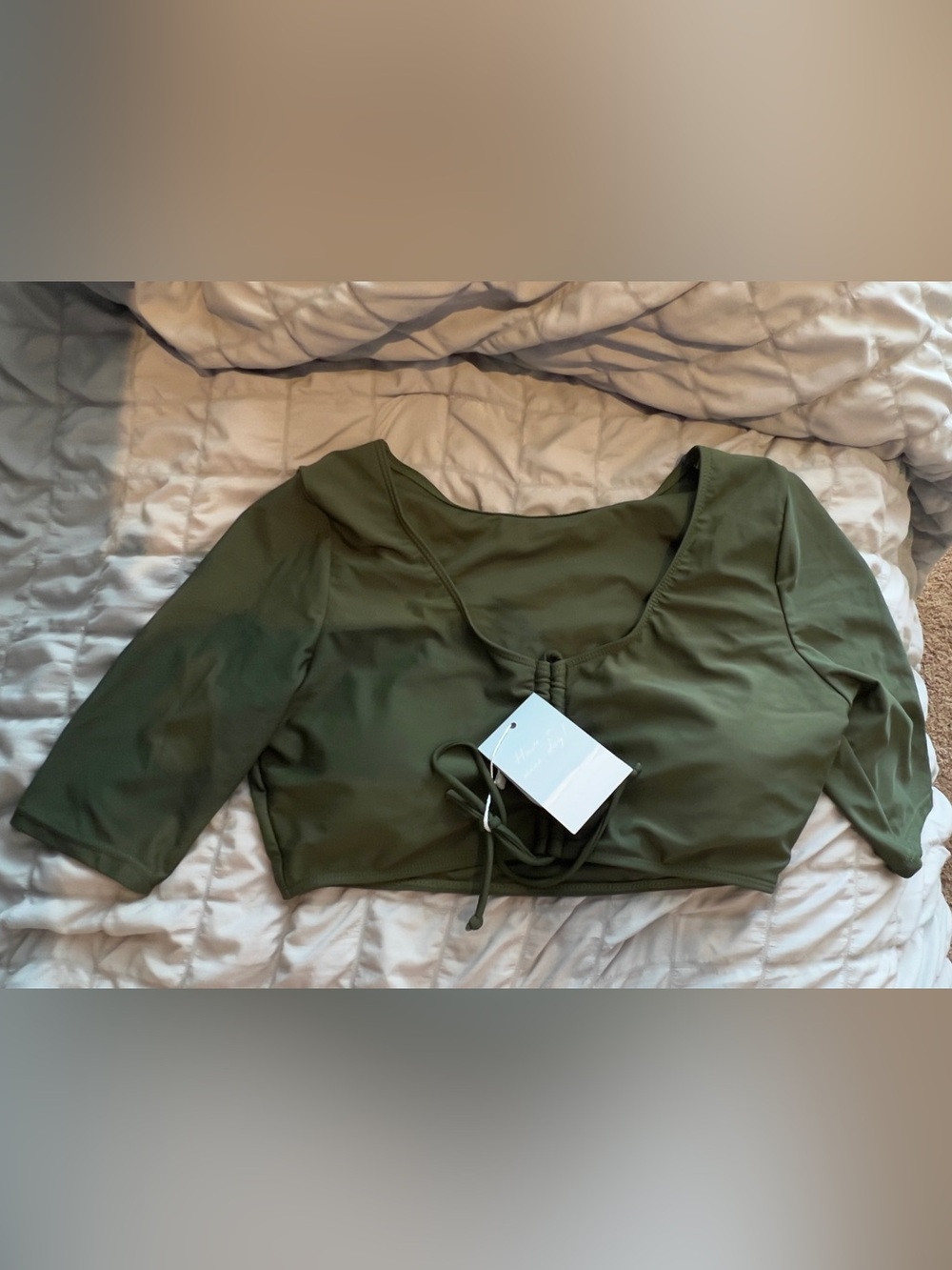 Women's Olive Front-Tie Crop Swim Top NWT